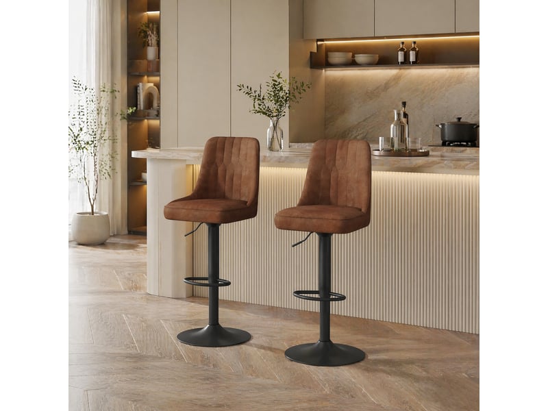  Lot de 2 tabourets de bar 95,5-117,5 cm réglables pivotants 360°, structure en métal, tissu technique, marron et noir  - Conforama B