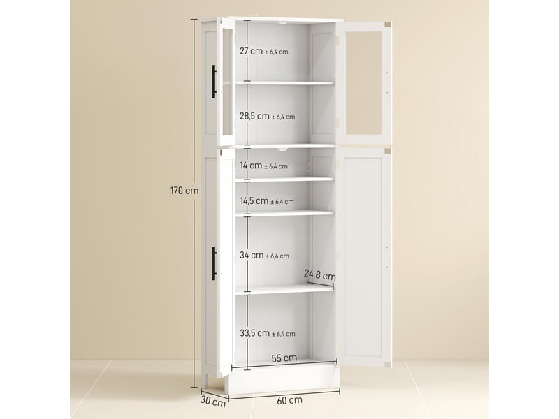  Meuble de salle de bain haut 6 niveaux, blanc, meuble de rangement avec 4 portes dont 2 vitrées et étagères réglables  - Conforama C