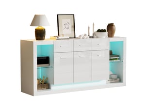 Meuble rangement buffet salon 160x40x75 cm 14 compartiments led blanc laqué homvra