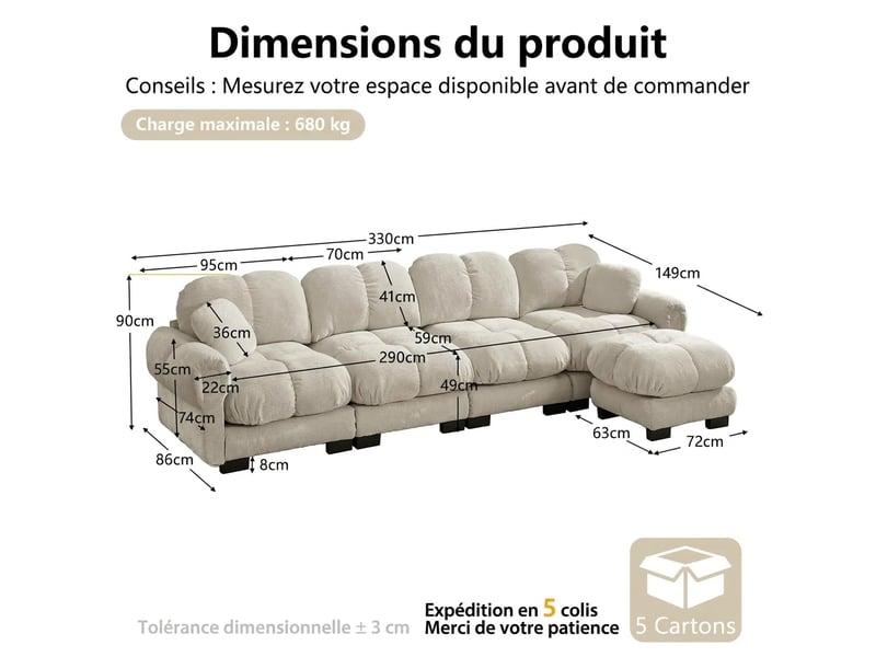  Canapé d'angle 4 places en l modulable avec ottomane mobile 330 x 149 x 90 cm assise matelassée  - Conforama C