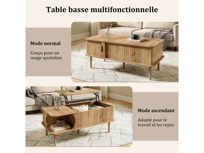  Table basse rétro moderne, plateau réglable en hauteur, porte coulissante, aspect bois, rainures verticales, pieds en bois, table de salon multifonctionnelle  - Conforama D