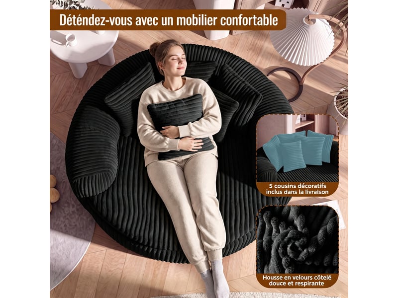  Pouf lounge côtelé en velours côtelé noir avec assise profonde et 5 coussins pour... IKSETERA TRADING LTD - Conforama E