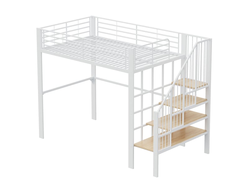  Lit mezzanine enfant 140x200 cm – blanc – escalier intégré, structure métallique, rangement – sans matelas  - Conforama D