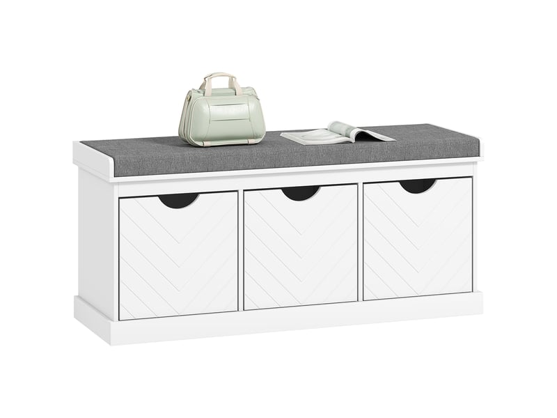  Banc chaussures entrée, banc de rangement avec 3 tiroirs amovibles et coussin rembourré en tissu aspect lin, blanc  - Conforama A