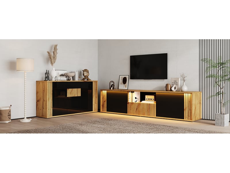 Ensemble meuble tv et buffet 2 pièces, noir brillant et bois, éclairage led bluetooth pour téléviseur jusqu’à 75 pouces - Conforama E