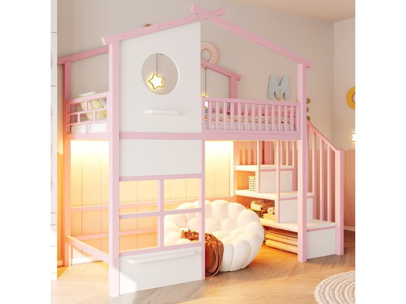 Lit mezzanine 90 x 200 cm - avec éclairage led - avec escalier - rose (matelas non inclus) - Conforama E