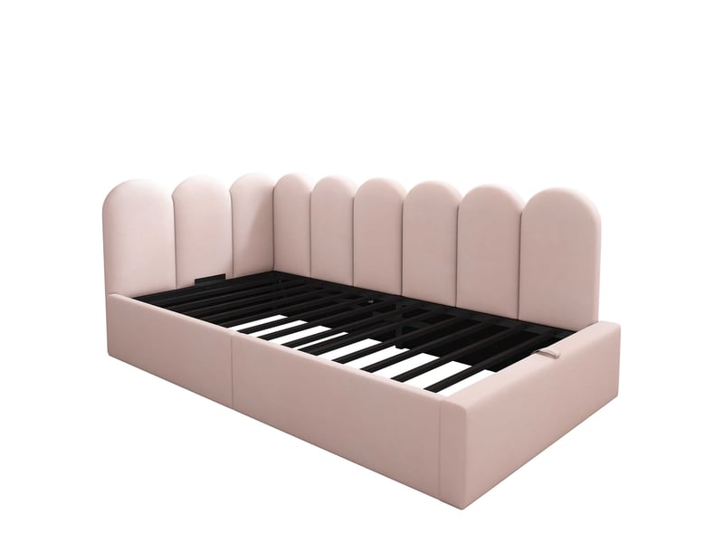  Lit banquette coffre 90x200 cm, rangement hydraulique, sommier relevable, dossier en l, velours rose C-DEGAYUN - Conforama A