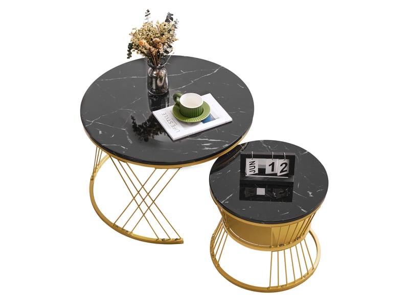  Tables basses gigognes rondes lot de 2 avec pieds réglables, plateau mdf motif marbre noir structure dorée pour salon  - Conforama A