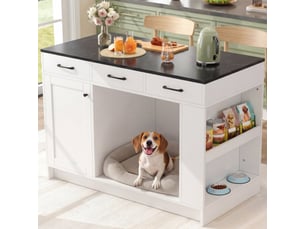 Îlot de cuisine en panneaux de particules blanc, avec 3 tiroirs, étagère réglable et espace de rangement modulable, 120x60x90 cm
