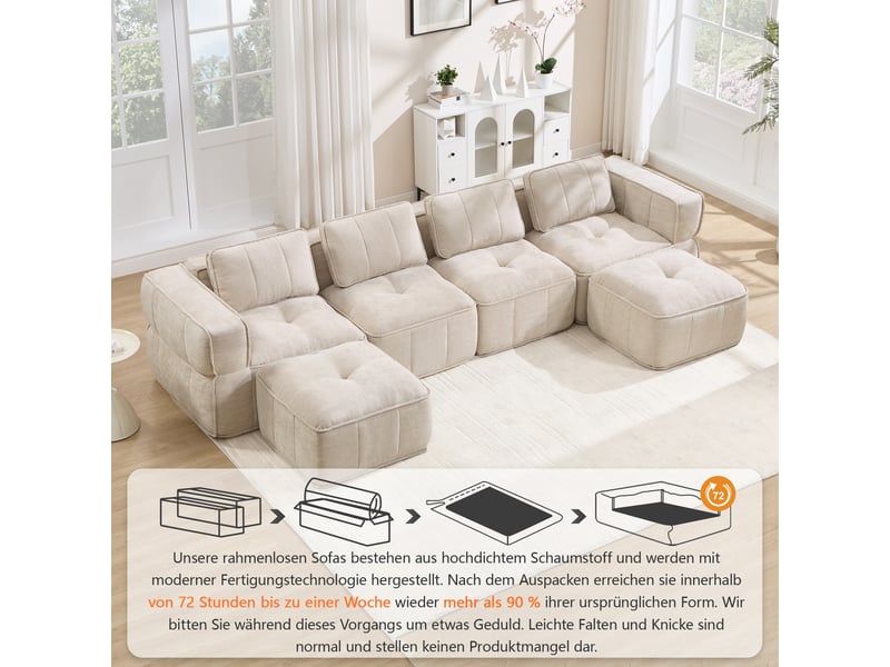  Canapé modulable en u 4 places en polyester beige avec 2 poufs W3325S00494 - Conforama D