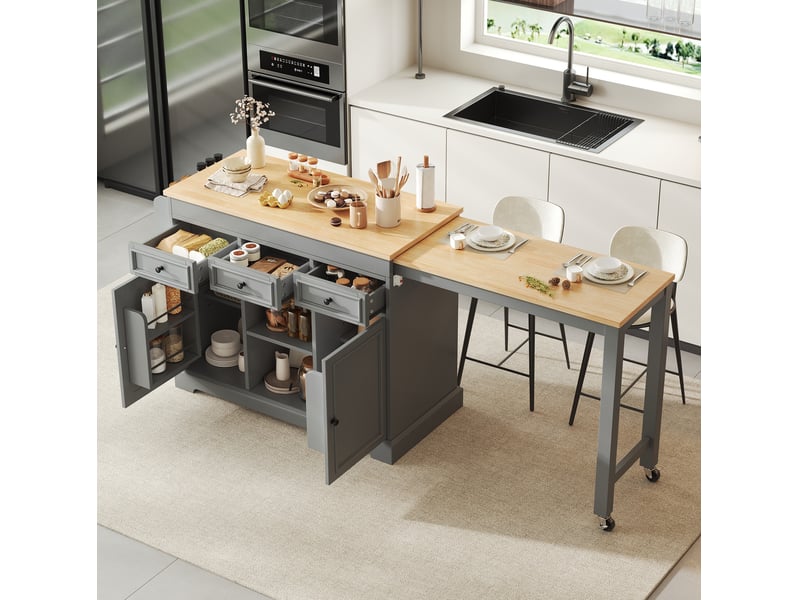  Desserte de cuisine à roulettes avec plateau extensible, 3 tiroirs, étagères réglables, pour cuisine, 112 × 45 × 92 cm  - Conforama D