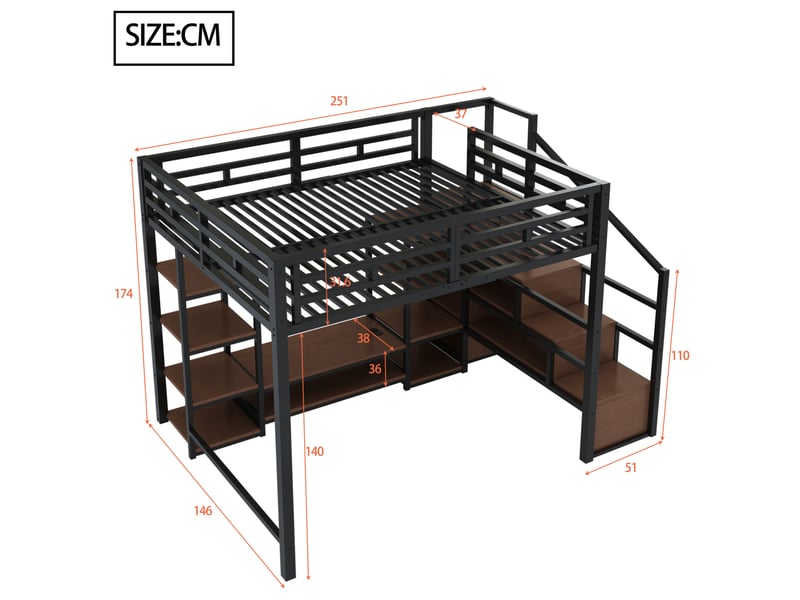  Lit mezzanine 140 × 200 cm 2 places avec meuble tv, prise, échelle de rangement, sans matelas, métal noir  - Conforama D