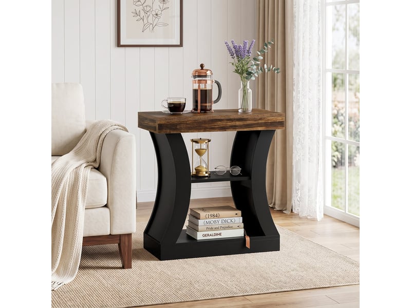  Bout de canapé de 80 cm pour salon, table d'appoint à 3 niveaux avec rangement, table de chevet moderne en bois pour chambre ou canapé, idéale pour les petits espaces, coloris marron rustique et noir  - Conforama D
