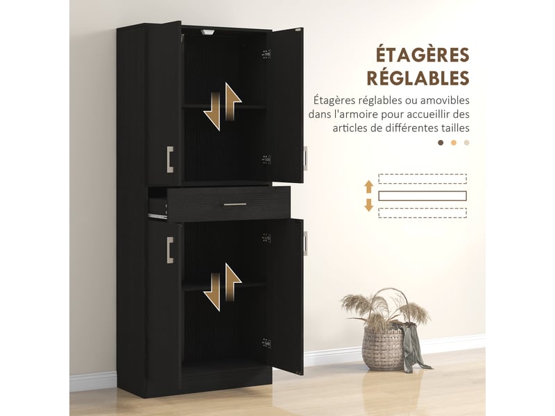  Buffet haut armoire de cuisine 4 portes 2 placards et 1 tiroir central hauteur 180 cm avec 2 réglables étagères noir  - Conforama E