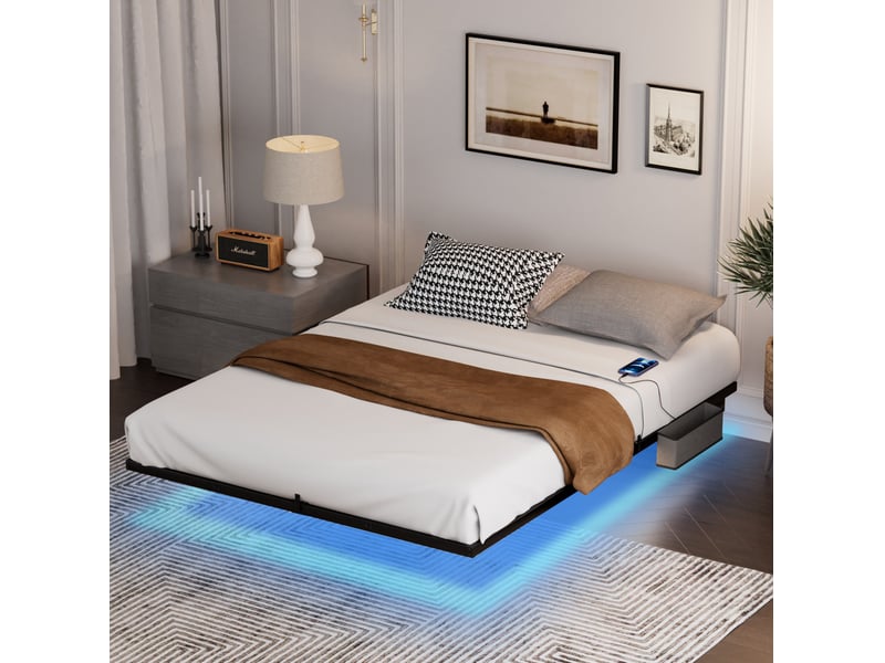  Modenvie lit double 160x200 cm - structure flottante avec led et ports usb-c - usage quotidien - noir  - Conforama B