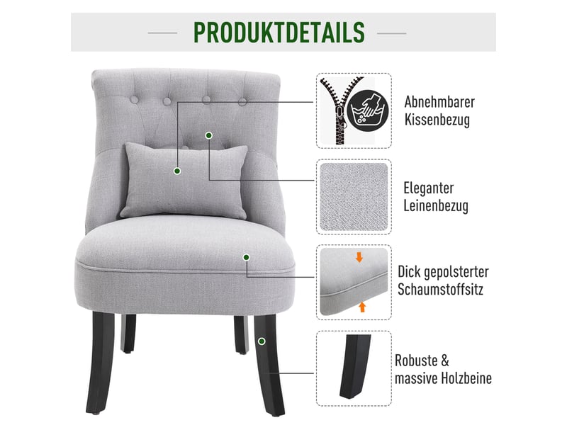  Fauteuil en tissu aspect lin avec coussin pieds en bois gris 52,5 x 69 x 77 cm  - Conforama D