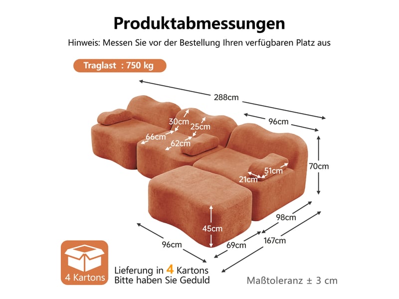  Canapé modulable 3 places en velours orange avec pouf, mousse haute densité 32d, assise profonde et configuration d’angle  - Conforama B