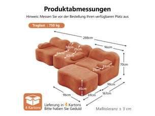 Canapé modulable 3 places en velours orange avec pouf, mousse haute densité 32d, assise profonde et configuration d’angle