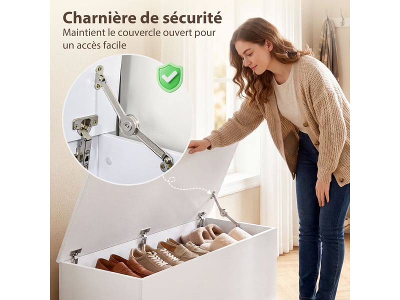 Coffre de rangement, banc de rangement avec couvercle rabattable et charnières de sécurité, banc chaussures, meuble d'entrée, couloir, chambre, salon, blanc, 100 x 40 x 40 cm  - Conforama E