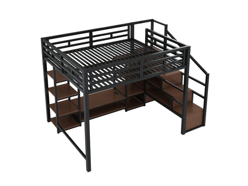  Lit mezzanine 140x200 cm noir en métal avec support tv, prise et escalier de rangement, sans matelas  - Conforama D