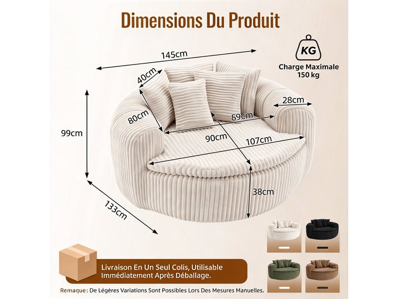 Fauteuil lounge 1 place 145 x 133 x 59 cm en velours côtelé beige, avec assise profonde, accoudoirs et 5 coussins DJ-W3463P5032758-ZMS - Conforama C