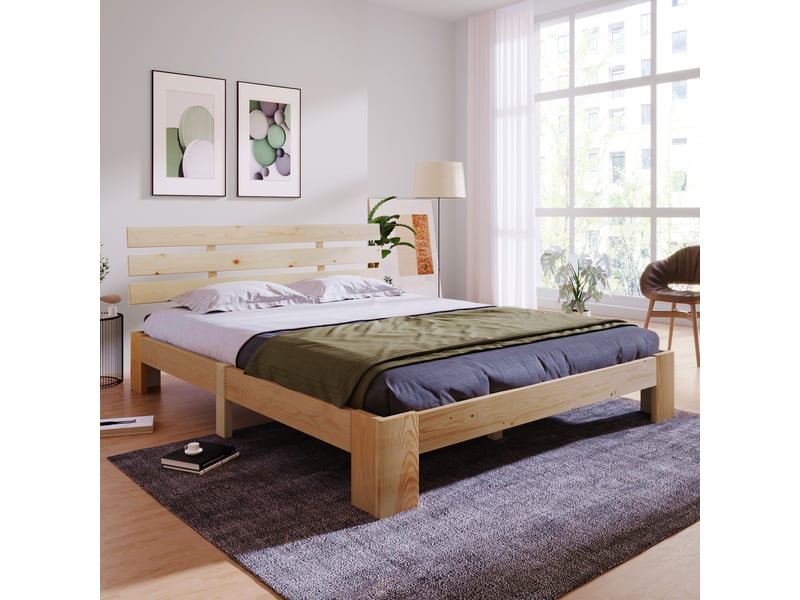  Lit double en bois massif 140x200 cm avec tête de lit, sommier à lattes robuste, cadre de lit en pin, naturelle  - Conforama B