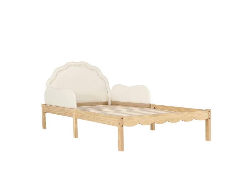 Lit simple pour enfant 90 x 200 cm, tête de lit en pu, barrières latérales, sommier à lattes robuste, beige - Conforama R