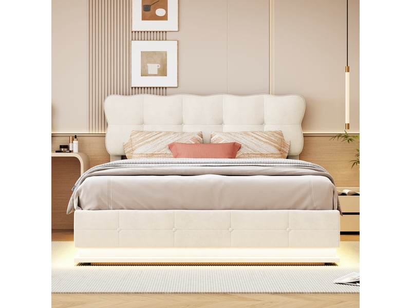  Lit 140 x 190 avec sommier, tête de lit rembourrée ondulée, rangement hydraulique, bande lumineuse led, velours beige  - Conforama D