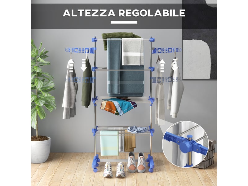  Séchoir vertical à 4 étagères réglables, acier et plastique, 142 x 55 x 172 cm, bleu et argent  - Conforama E