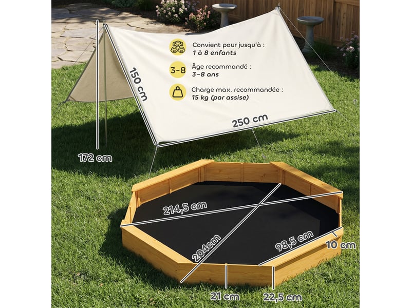  Bac à sable en bois avec auvent, bac à sable enfant extérieur avec 4 bancs, doublure de fond, jaune  - Conforama C
