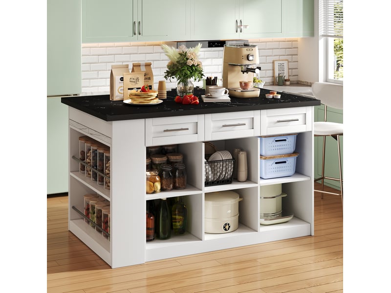 Îlot de cuisine fixe avec table extensible 150 x 90 cm, rangements en mdf blanc marbré  - Conforama E