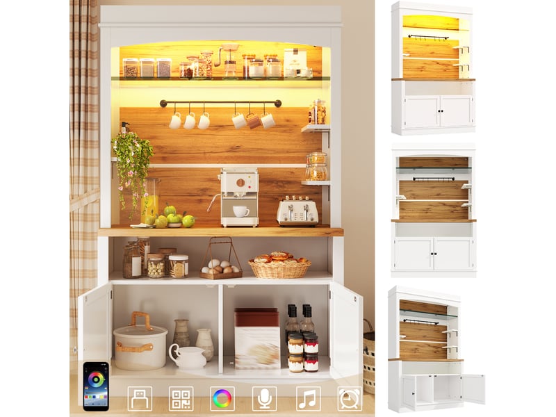  Buffet haut modenvie set de 2, 184 cm, led rgb, avec étagère en verre et barre à crochets, mdf et métal, blanc  - Conforama D