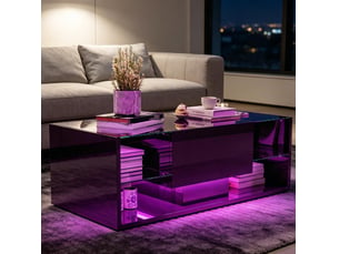 Table basse – verre laqué noir – rangement led – apptélécommande – plateau en verre trempé – design moderne