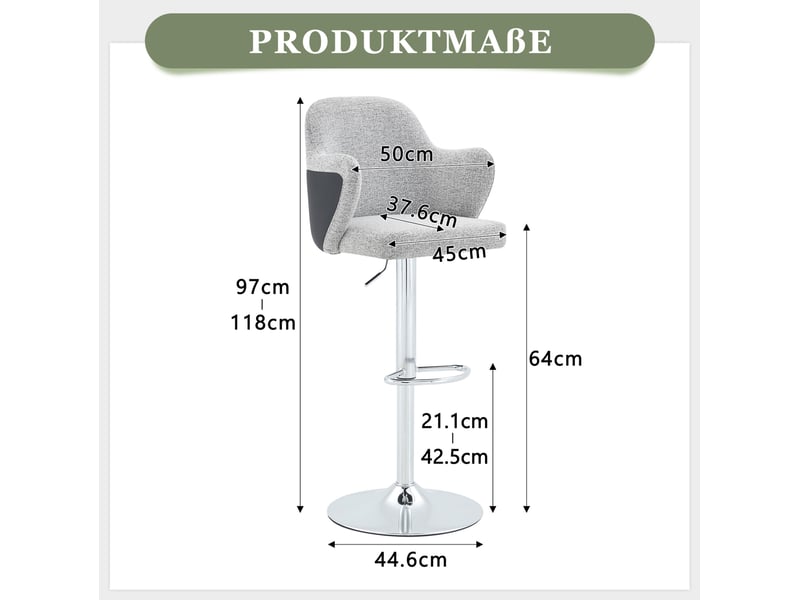 Tabourets de bar réglables en hauteur lot de 2, pivotants à 360°, accoudoirs, structure en métal, couleur gris clair - Conforama C