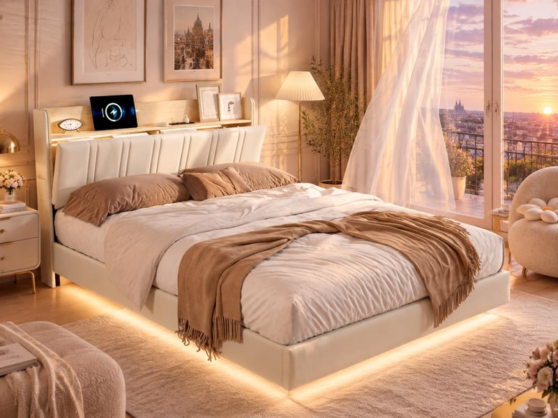  Lit 2 places 140x200 cm effet flottant avec led – cuir pu, tête de lit avec rangement et sommier à lattes  - Conforama B