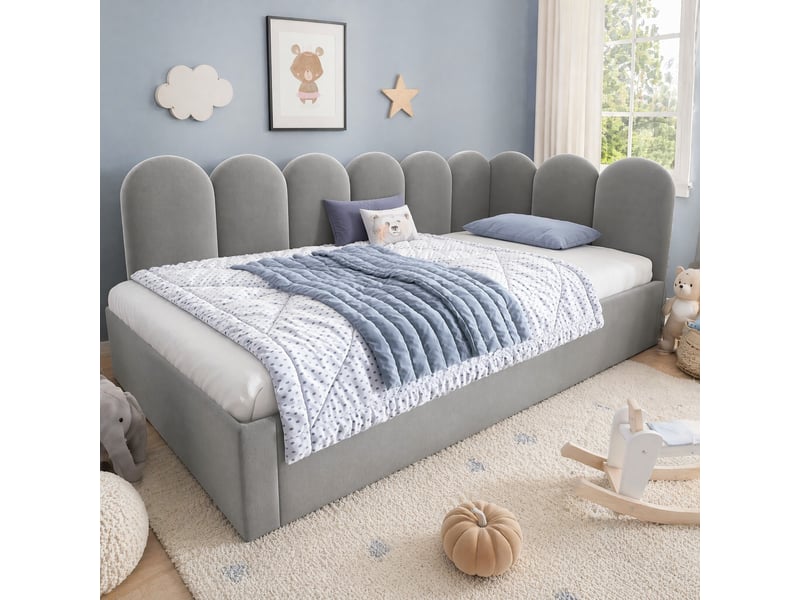  Lit banquette 200×90 cm avec lit gigogne 190×90 cm, côtés interchangeables, en velours gris, sans matelas  - Conforama B