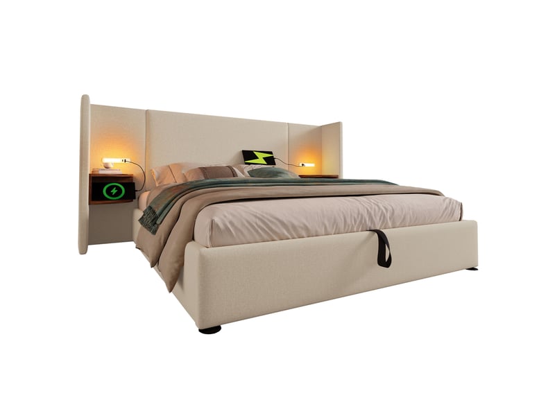  Lit double 160x200 cm avec rangement, lampe de lecture et charge usb type-c, métal et lin, beige sans matelas  - Conforama A