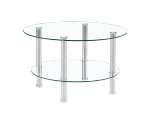 Table basse ronde 70x70x42 cm, design à 2 niveaux en verre trempé, style moderne, salon, métal argenté, transparent