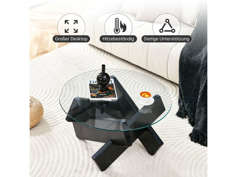  Table basse ø 79 cm, plateau verre trempé table basse salon, design épuré, pieds effet bois noir  - Conforama D