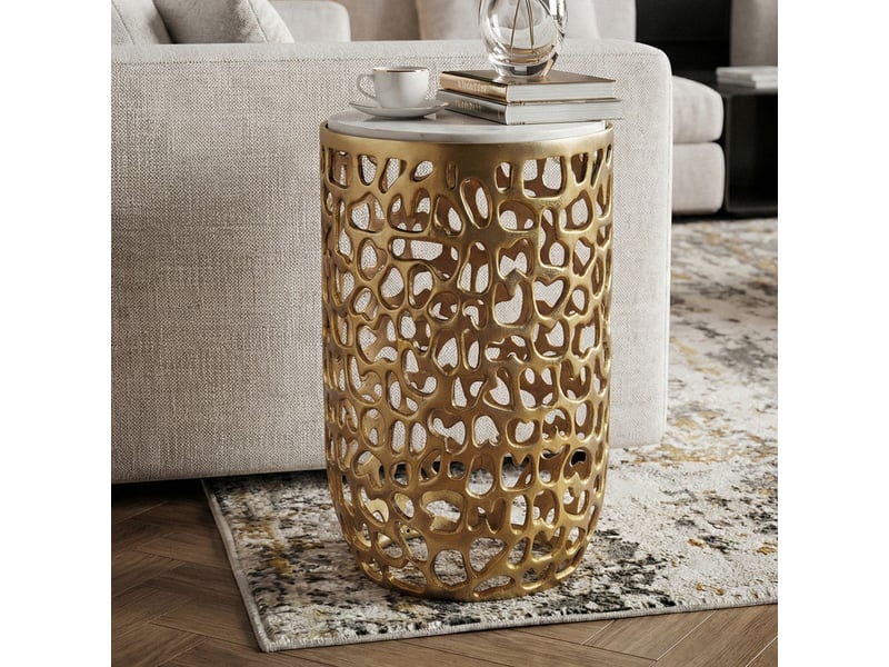 Finebuy table d'appoint ronde en aluminium 30cm or – table d'appoint avec plateau en marbre – table basse design en métal pour salon – table de salon ronde moderne – table décorative faite à la main  - Conforama B