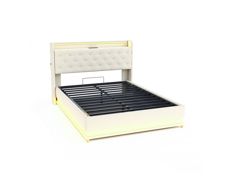  Lit capitonné led 140*200 cm beige, port usb et coffre hydraulique, tissu lin pour chambre  - Conforama A