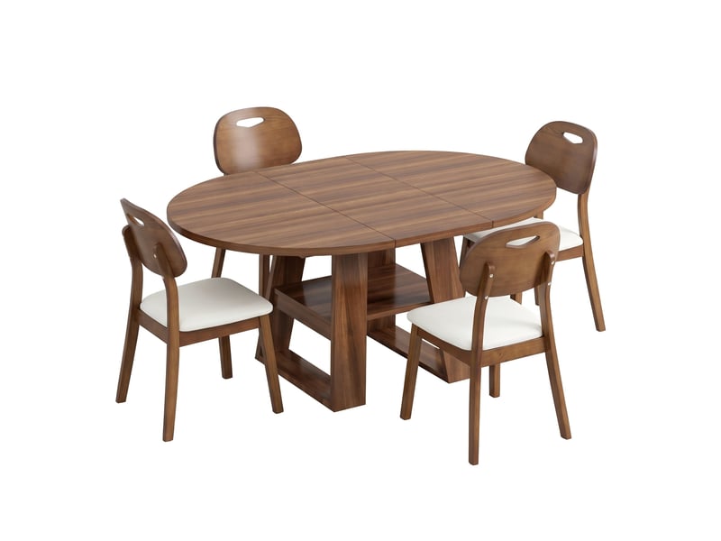 Ensemble de salle à manger moderne 4 à 6 personnes – table ronde extensible 110/150 x 110 cm avec étagères + 4 chaises rembourrées à dossier ovale – coloris noyer - Conforama A