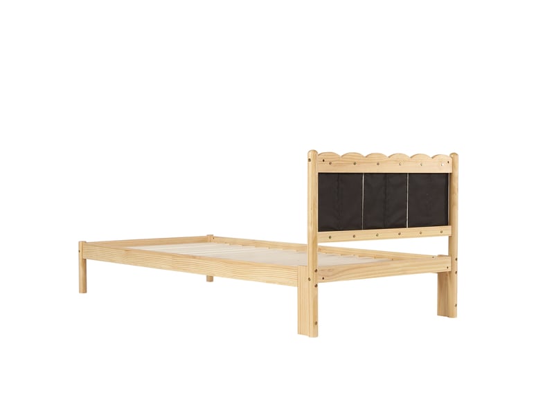  Lit enfant 90x200 cm avec tête de lit rembourrée en pu beige et bois naturel  - Conforama E