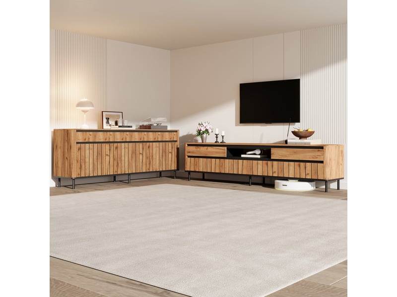  Ensemble meuble tv et buffet de salon, finition bois naturel avec accents noirs, meuble tv 180 cm pour téléviseur 75 pouces  - Conforama B