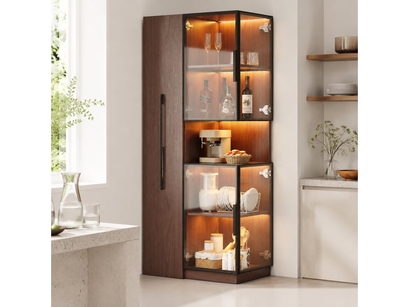 Vitrine led avec étagères latérales coulissantes, pour salon ou salle à manger, mdf et verre, noyer, 70 × 38 × 160 cm - Conforama D