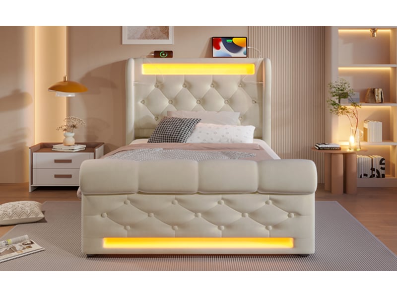  Lit coffre 90x200 cm avec rangement et ports usb type-c - led intégrée - velours beige - matelas inclus  - Conforama E