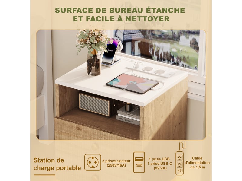  Lot de 2 tables de chevet chêne clair avec 2 tiroirs ondulés, led rgb et station de charge usb-c  - Conforama D