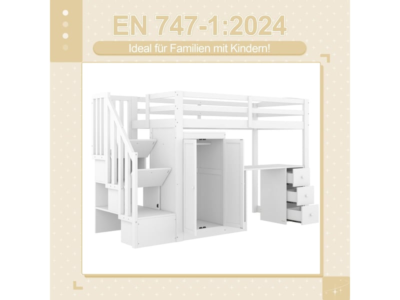 Lit mezzanine avec escalier 90x200, gain d'espace sécurisé avec bureau, commodes et garde-robe lit mezzanine - Conforama E