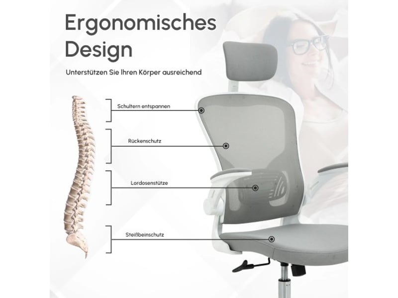  Chaise de bureau ergonomique inclinable avec appui-tête, réglable, grise, 65x64x114-122 cm  - Conforama E