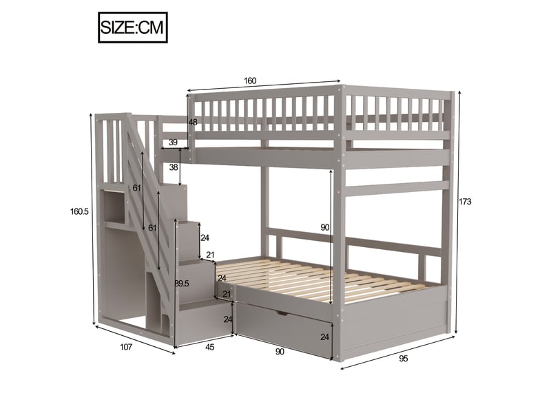  Lit superposé en bois massif 90*200 cm, gris, échelle avec rangement, tiroirs et garde-corps élevé pour enfants  - Conforama B